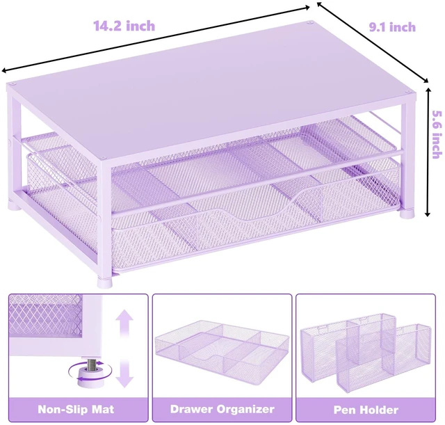 Alt view image 3 of 6 - Desk Organizer and Accessories, 2-Tier Computer Monitor Stand Riser with Drawer and 2 Pen Holders, Laptop Stand, Office Desk Accessories for Office Supplies, Purple
