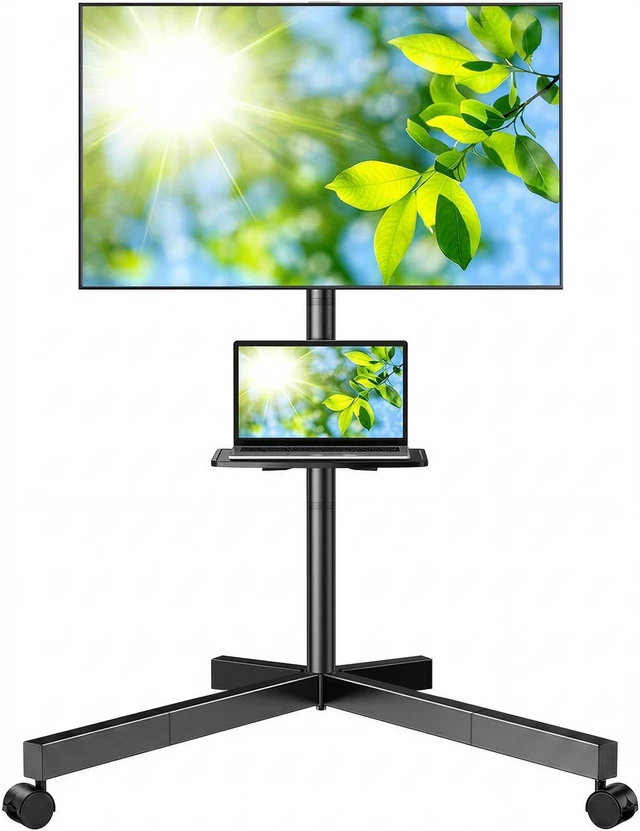 Main image of Rolling TV Stand for 26-65 Inch TVs up to 88 lbs, Mobile Outdoor TV Stand with Shelf & Large Base, Tilt TV Stand with Wheels, Portable TV Cart for Bedroom, Max VESA 400x400mm, PSTVMC06B-B