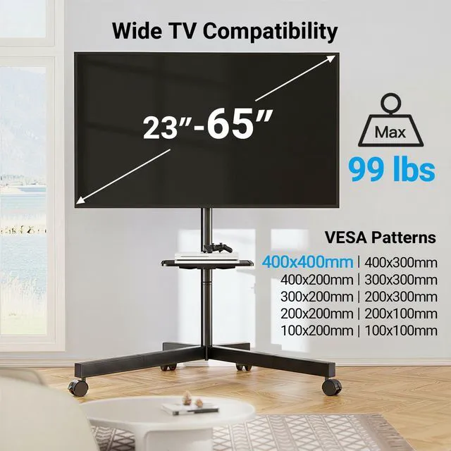 Alt view image 2 of 7 - Rolling TV Stand for 26-65 Inch TVs up to 88 lbs, Mobile Outdoor TV Stand with Shelf & Large Base, Tilt TV Stand with Wheels, Portable TV Cart for Bedroom, Max VESA 400x400mm, PSTVMC06B-B