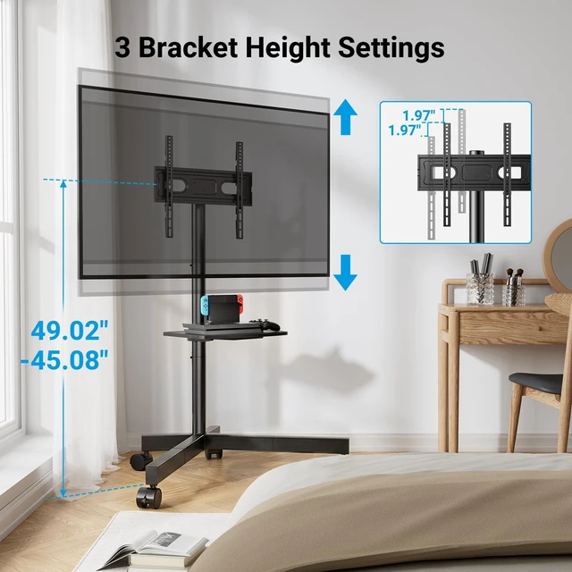 Alt view image 4 of 7 - Rolling TV Stand for 26-65 Inch TVs up to 88 lbs, Mobile Outdoor TV Stand with Shelf & Large Base, Tilt TV Stand with Wheels, Portable TV Cart for Bedroom, Max VESA 400x400mm, PSTVMC06B-B