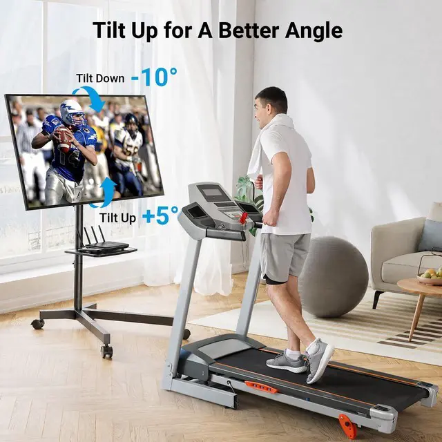 Alt view image 5 of 7 - Rolling TV Stand for 26-65 Inch TVs up to 88 lbs, Mobile Outdoor TV Stand with Shelf & Large Base, Tilt TV Stand with Wheels, Portable TV Cart for Bedroom, Max VESA 400x400mm, PSTVMC06B-B