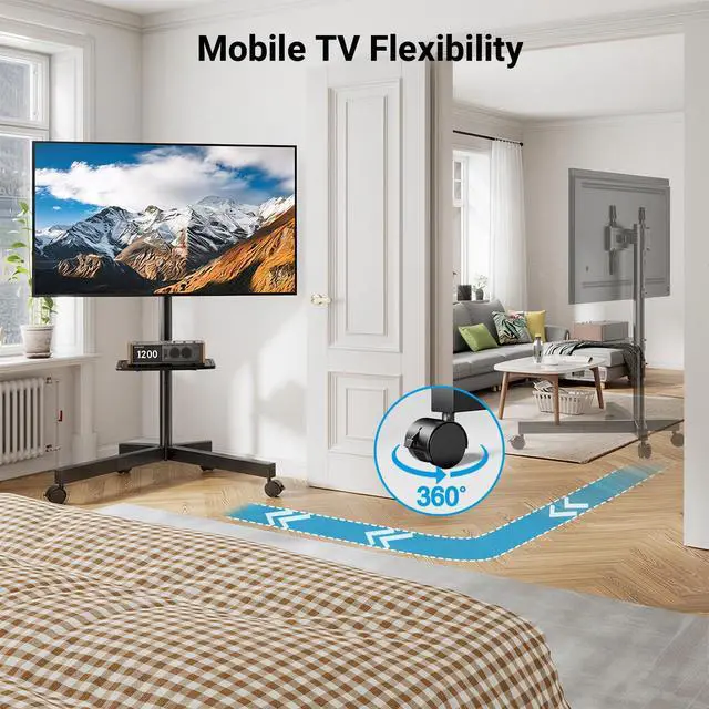 Alt view image 6 of 7 - Rolling TV Stand for 26-65 Inch TVs up to 88 lbs, Mobile Outdoor TV Stand with Shelf & Large Base, Tilt TV Stand with Wheels, Portable TV Cart for Bedroom, Max VESA 400x400mm, PSTVMC06B-B
