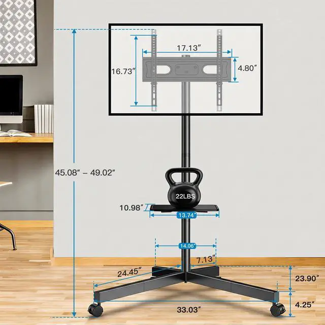Alt view image 7 of 7 - Rolling TV Stand for 26-65 Inch TVs up to 88 lbs, Mobile Outdoor TV Stand with Shelf & Large Base, Tilt TV Stand with Wheels, Portable TV Cart for Bedroom, Max VESA 400x400mm, PSTVMC06B-B