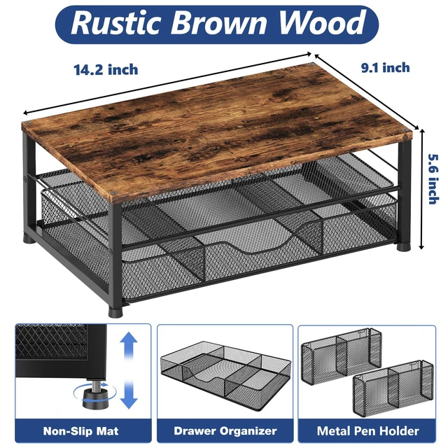 Alt view image 3 of 7 - Desk Organizer and Accessories, 2-Tier Computer Monitor Stand Riser with Drawer and 2 Pen Holders, Laptop Stand, Office Desk Accessories for Office Supplies, Brown