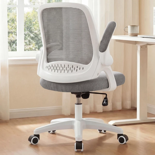 Main image of Office Desk Chair, Ergonomic Mesh with Flip-Up Armrests, Grey Lumbar Support, Height Adjustment, 360° Swivel and Rolling Base, Space-Saving Design for Home Office, Vanity or Study