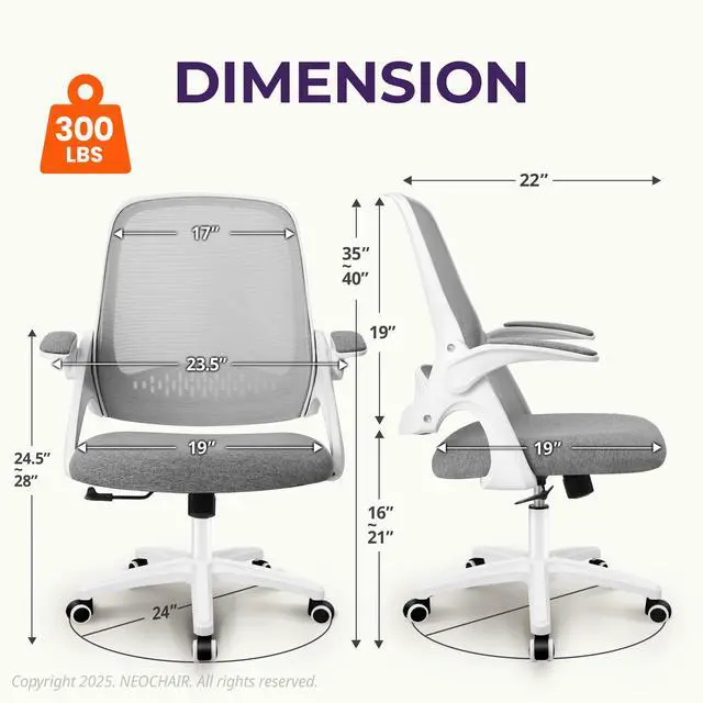 Alt view image 2 of 7 - Office Desk Chair, Ergonomic Mesh with Flip-Up Armrests, Grey Lumbar Support, Height Adjustment, 360° Swivel and Rolling Base, Space-Saving Design for Home Office, Vanity or Study