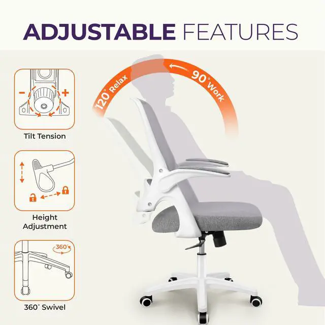 Alt view image 5 of 7 - Office Desk Chair, Ergonomic Mesh with Flip-Up Armrests, Grey Lumbar Support, Height Adjustment, 360° Swivel and Rolling Base, Space-Saving Design for Home Office, Vanity or Study