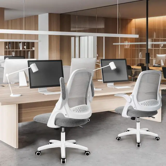 Alt view image 7 of 7 - Office Desk Chair, Ergonomic Mesh with Flip-Up Armrests, Grey Lumbar Support, Height Adjustment, 360° Swivel and Rolling Base, Space-Saving Design for Home Office, Vanity or Study