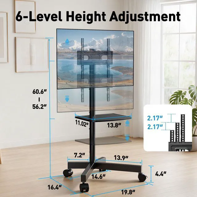 Alt view image 2 of 7 - Rolling TV Stand for 23-63 Inch Flat/Curved Screen TVs up to 88 lbs, Mobile TV Stand on Wheels, Portable TV Stand with Tilt & Height Adjustable,Outdoor TV Stand Max VESA 400x400mm