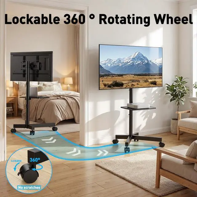 Alt view image 3 of 7 - Rolling TV Stand for 23-63 Inch Flat/Curved Screen TVs up to 88 lbs, Mobile TV Stand on Wheels, Portable TV Stand with Tilt & Height Adjustable,Outdoor TV Stand Max VESA 400x400mm