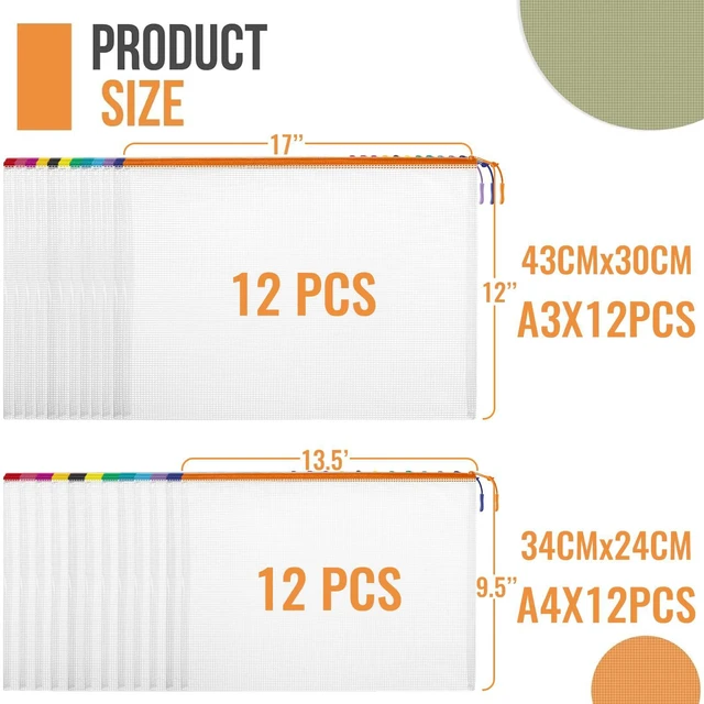 Alt view image 2 of 6 - 24pcs Mesh Zipper Pouch Bags, 12 Colors Extra Large 12PCS A3 and 12pcs A4, Puzzle Bag for Organizing, Classroom Must Have Storage Bag, File Bags for School, Board Games and Office Supplies