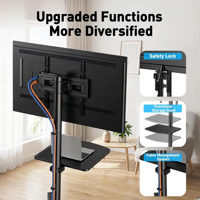 Alt view image 5 of 7 - Rolling TV Stand for 23-63 Inch Flat/Curved Screen TVs up to 88 lbs, Mobile TV Stand on Wheels, Portable TV Stand with Tilt & Height Adjustable,Outdoor TV Stand Max VESA 400x400mm