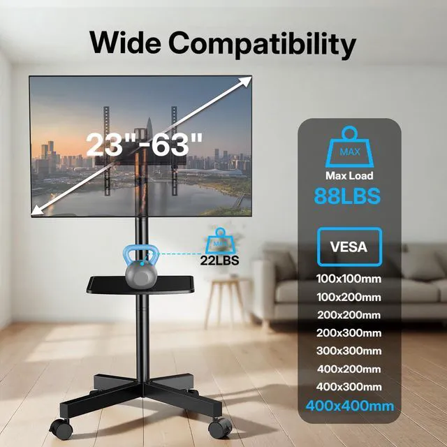 Alt view image 7 of 7 - Rolling TV Stand for 23-63 Inch Flat/Curved Screen TVs up to 88 lbs, Mobile TV Stand on Wheels, Portable TV Stand with Tilt & Height Adjustable,Outdoor TV Stand Max VESA 400x400mm