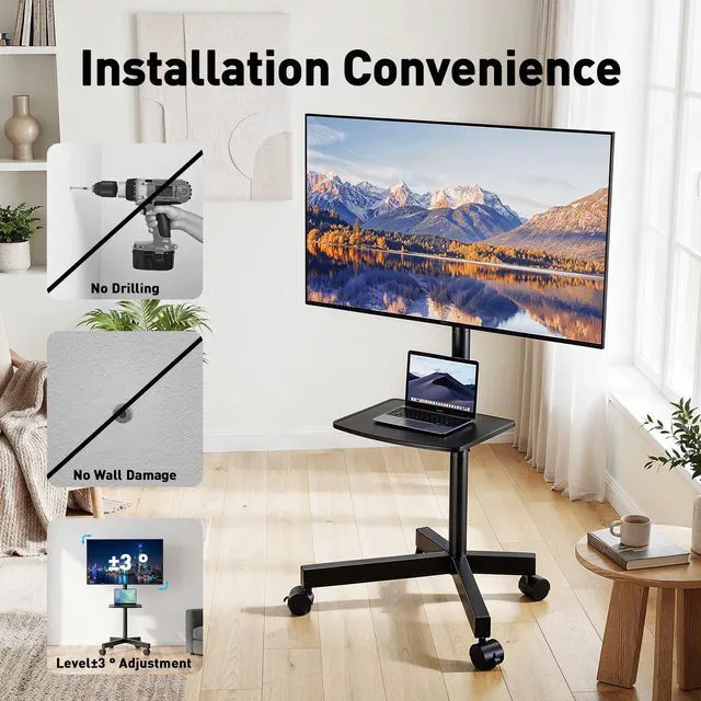 Alt view image 6 of 7 - Rolling TV Stand for 23-63 Inch Flat/Curved Screen TVs up to 88 lbs, Mobile TV Stand on Wheels, Portable TV Stand with Tilt & Height Adjustable,Outdoor TV Stand Max VESA 400x400mm