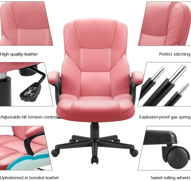 Alt view image 4 of 7 - Office Executive Chair High Back Adjustable Managerial Home Desk Chair, Swivel Computer PU Leather Chair with Lumbar Support (1, Pink)