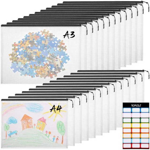 Main image of 24pcs A4 Mesh Zipper Pouch File Bags, 12pcs Large A3 and 12pcs Letter A4,Black Reusable Zipper Bags for Organizing Storage, Waterproof Puzzle Bag, Board Game Storage and School Office Supplies