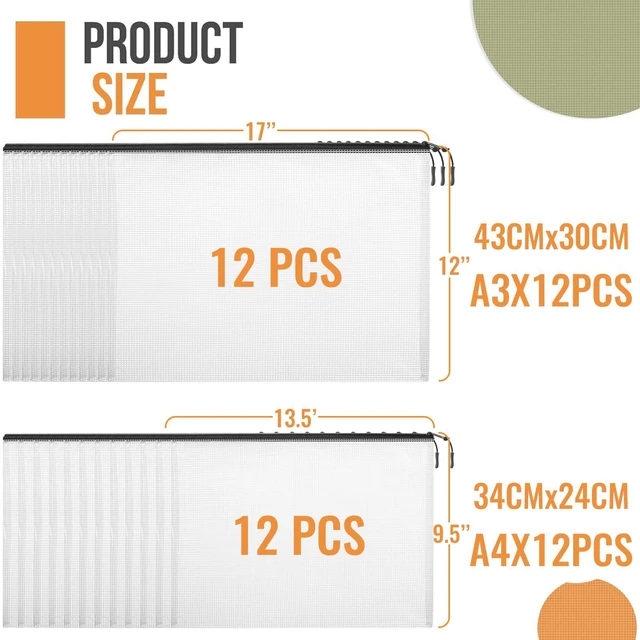Alt view image 2 of 6 - 24pcs A4 Mesh Zipper Pouch File Bags, 12pcs Large A3 and 12pcs Letter A4,Black Reusable Zipper Bags for Organizing Storage, Waterproof Puzzle Bag, Board Game Storage and School Office Supplies