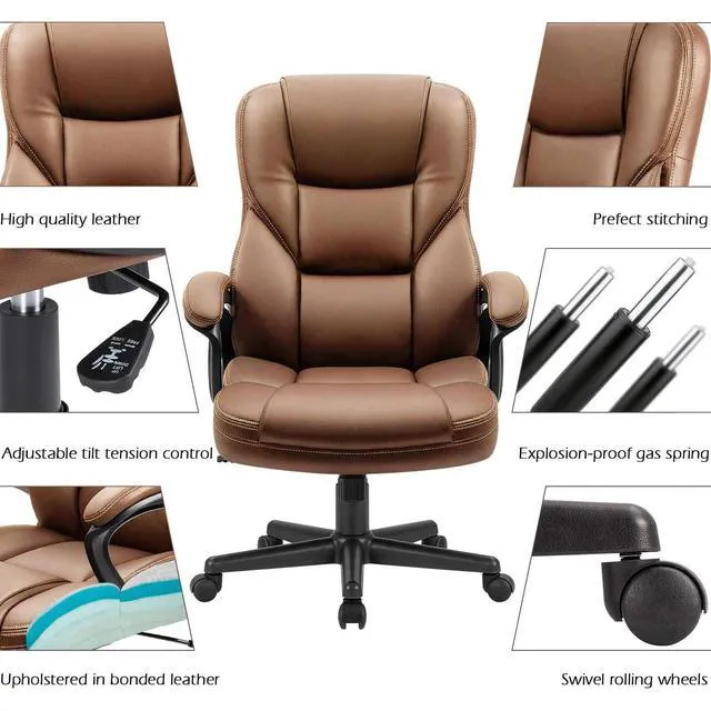 Alt view image 4 of 7 - Office Executive Chair High Back Adjustable Managerial Home Desk Chair, Swivel Computer PU Leather Chair with Lumbar Support (1, Light Brown)