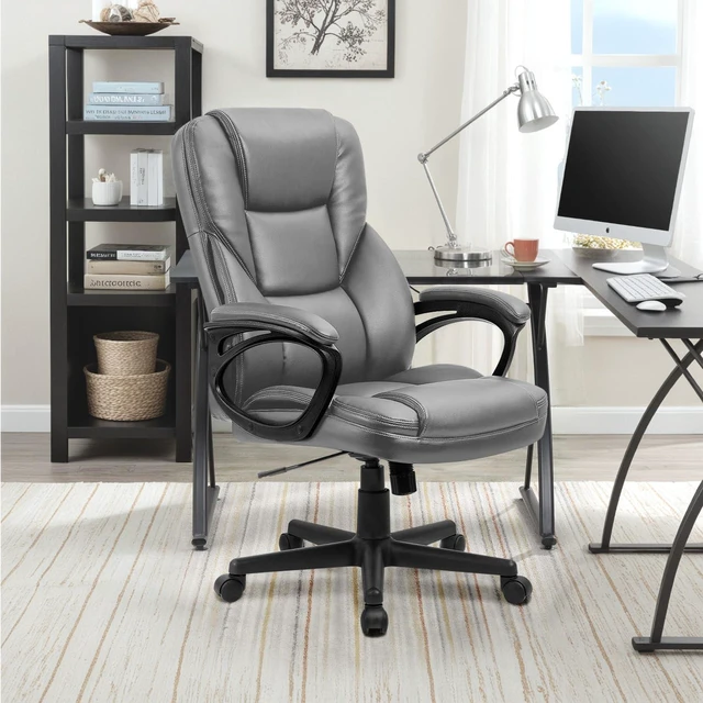 Alt view image 2 of 7 - Office Executive Chair High Back Adjustable Managerial Home Desk Chair, Swivel Computer PU Leather Chair with Lumbar Support (1, Gray)