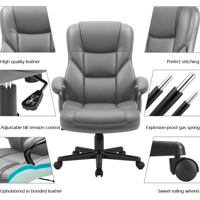Alt view image 5 of 7 - Office Executive Chair High Back Adjustable Managerial Home Desk Chair, Swivel Computer PU Leather Chair with Lumbar Support (1, Gray)
