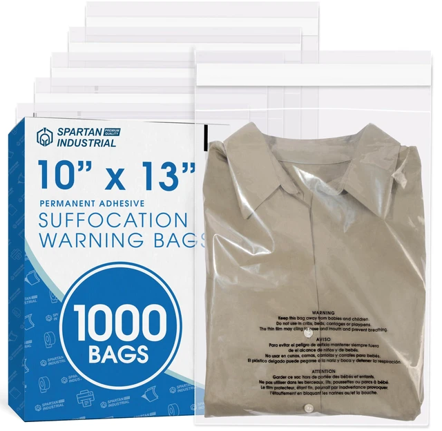 Main image of 10" X 13" (1000 Count) Self Seal Clear Poly Bags with Suffocation Warning for Packaging, T Shirts & Shipping - Permanent Adhesive