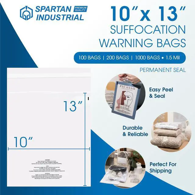 Alt view image 2 of 7 - 10" X 13" (1000 Count) Self Seal Clear Poly Bags with Suffocation Warning for Packaging, T Shirts & Shipping - Permanent Adhesive