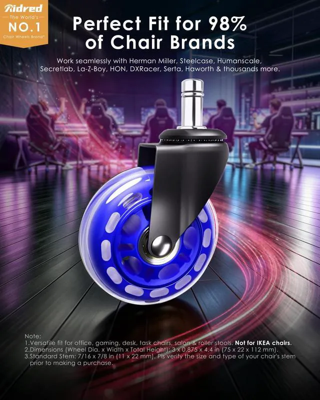 Alt view image 2 of 7 - Gaming Chair Wheels - Heavy-Duty Office Chair Wheels - Replacement Rubber Casters- Universal Fit 3 Inch Chair Casters, Noise Free, Fits 98% Chair, for All Floor
