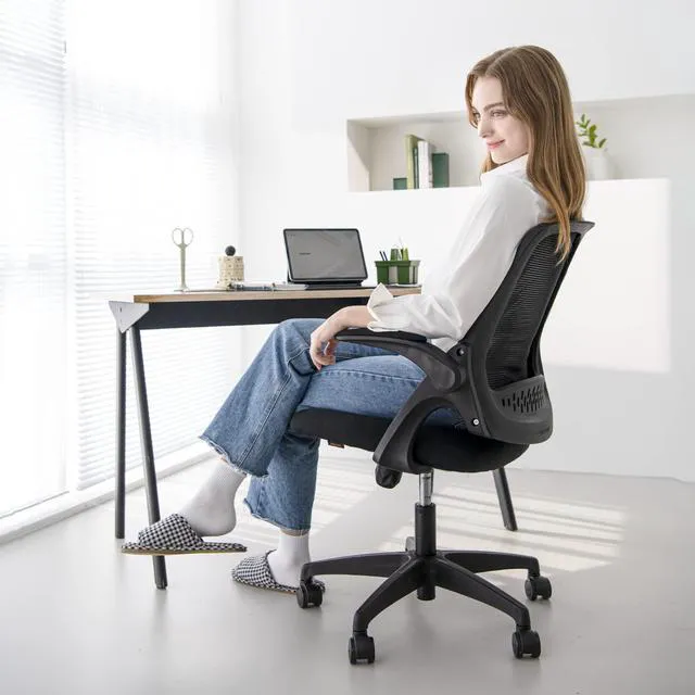 Alt view image 7 of 7 - Office Desk Chair, Ergonomic Mesh with Flip-Up Arms, All Black Lumbar Support, Height Adjustment, 360° Swivel and Rolling Base, Space-Saving Design for Home Office, Vanity or Study