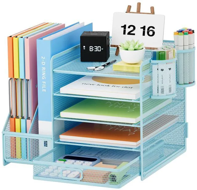 Main image of Desk Organizer with File Holder, 5-Tier Paper Letter Tray Organizer with Drawer and 2 Pen Holder, Mesh Desktop Organizer and Storage with Magazine Holder for Office Supplies(Blue)