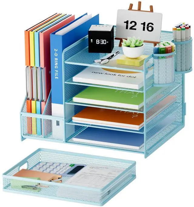 Alt view image 2 of 6 - Desk Organizer with File Holder, 5-Tier Paper Letter Tray Organizer with Drawer and 2 Pen Holder, Mesh Desktop Organizer and Storage with Magazine Holder for Office Supplies(Blue)