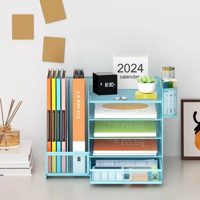 Alt view image 3 of 6 - Desk Organizer with File Holder, 5-Tier Paper Letter Tray Organizer with Drawer and 2 Pen Holder, Mesh Desktop Organizer and Storage with Magazine Holder for Office Supplies(Blue)