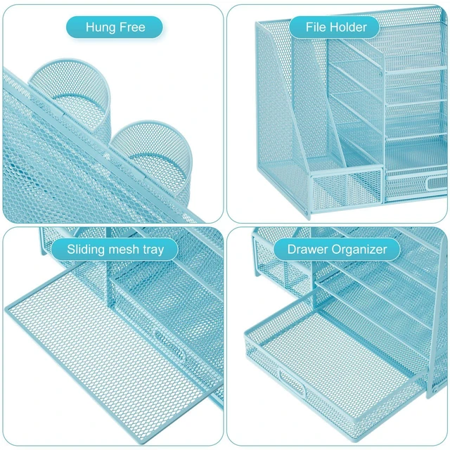 Alt view image 4 of 6 - Desk Organizer with File Holder, 5-Tier Paper Letter Tray Organizer with Drawer and 2 Pen Holder, Mesh Desktop Organizer and Storage with Magazine Holder for Office Supplies(Blue)