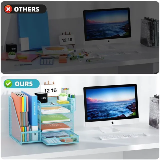 Alt view image 5 of 6 - Desk Organizer with File Holder, 5-Tier Paper Letter Tray Organizer with Drawer and 2 Pen Holder, Mesh Desktop Organizer and Storage with Magazine Holder for Office Supplies(Blue)