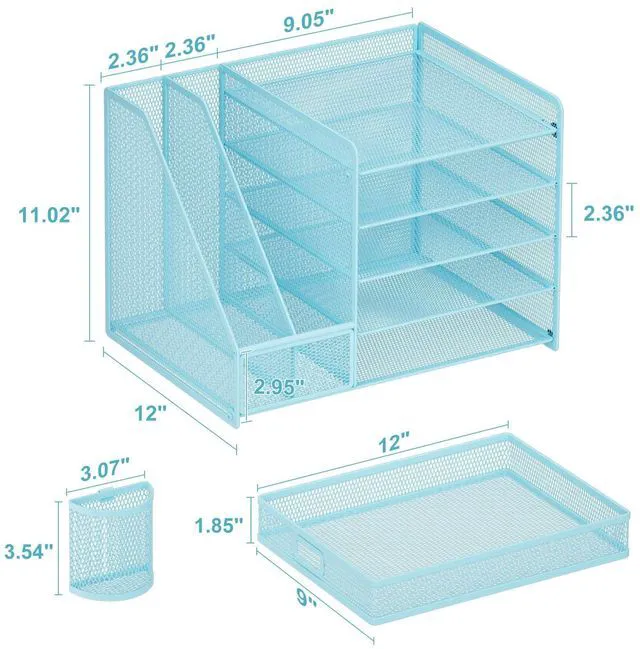 Alt view image 6 of 6 - Desk Organizer with File Holder, 5-Tier Paper Letter Tray Organizer with Drawer and 2 Pen Holder, Mesh Desktop Organizer and Storage with Magazine Holder for Office Supplies(Blue)