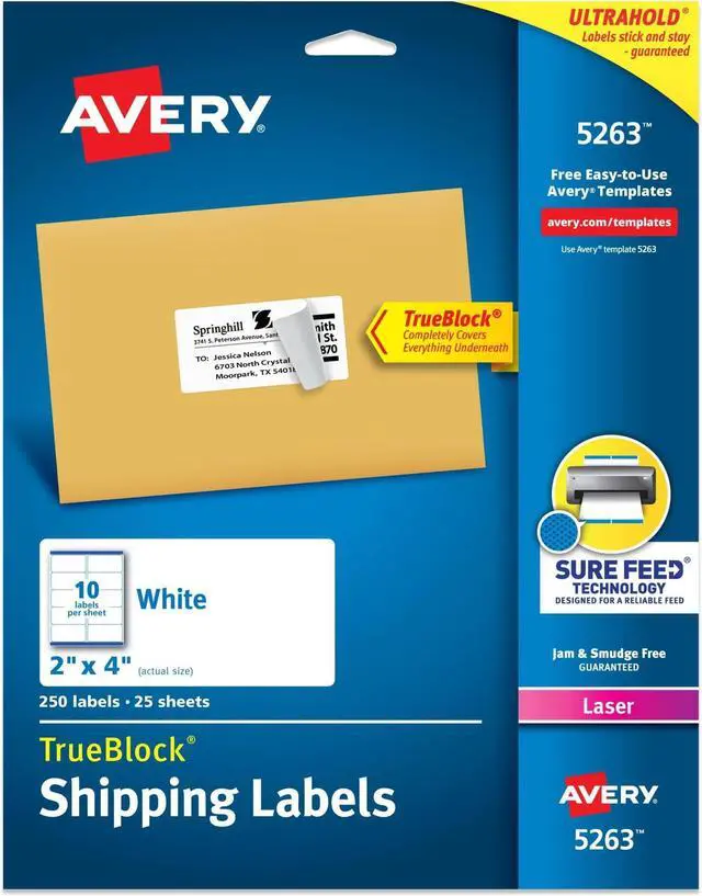 Main image of Printable Shipping Labels with Sure Feed, Customizable Stickers, White, 250 Blank Mailing Labels, Great for Mailing, Shipping, and More (5263), 2" x 4" (Pack of 5)