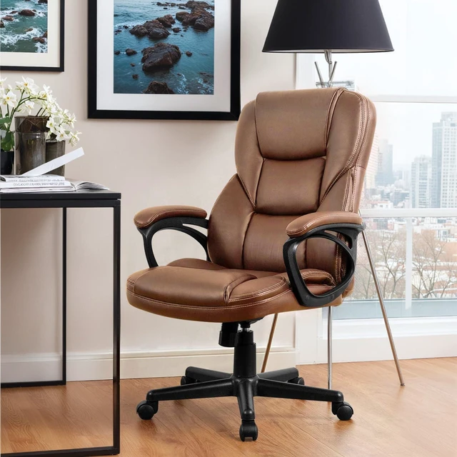Alt view image 2 of 7 - Office Executive Chair High Back Adjustable Managerial Home Desk Chair, Swivel Computer PU Leather Chair with Lumbar Support (1, Light Brown)