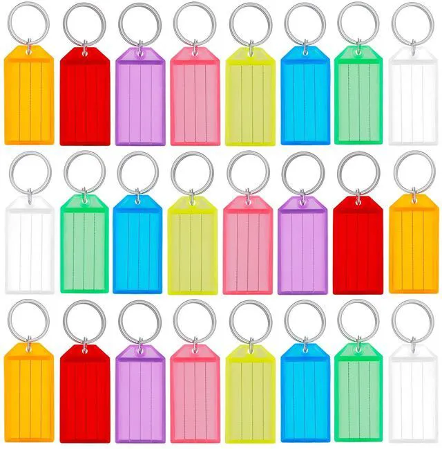 Main image of 200 Pack Plastic Key Tags with Split Ring Label Window, 8 Colors Tough plastic key tags with writable blank paper labels and clear covers keep labels protected, visible and easy to identify