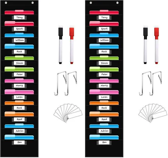 Main image of 12 Pockets File Storage Pocket Chart with 12 Nametag Pockets,Hanging Wall File Organizer for Classroom and Office, Organize Your Assignments, Files, Scrapbooks, Paper (Black) (Pack of 2)