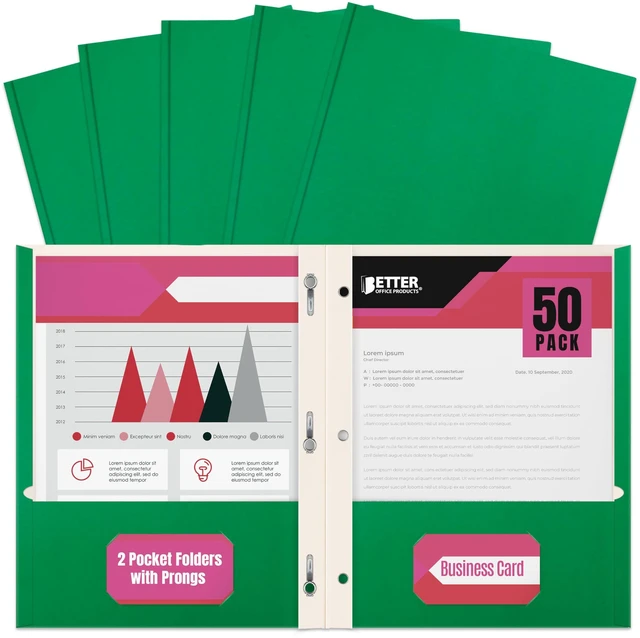Main image of Green Paper 2 Pocket Folders with Prongs, 50 Pack, Matte Texture, Letter Size Paper Folders, 50 Pack, with 3 Metal Prong Fastener Clips, Green