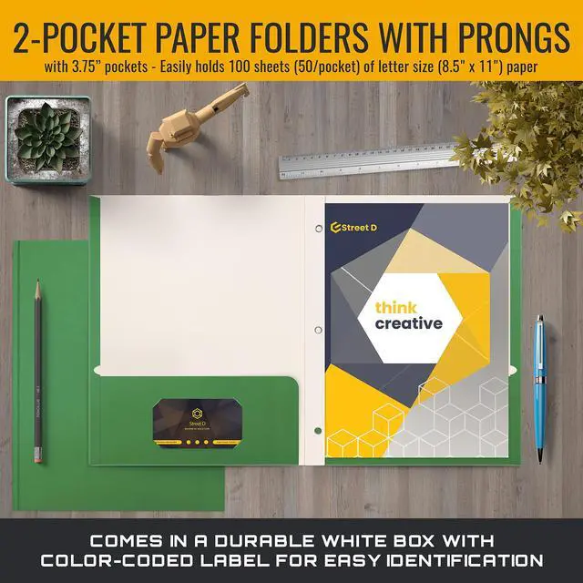 Alt view image 2 of 6 - Green Paper 2 Pocket Folders with Prongs, 50 Pack, Matte Texture, Letter Size Paper Folders, 50 Pack, with 3 Metal Prong Fastener Clips, Green