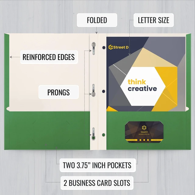 Alt view image 3 of 6 - Green Paper 2 Pocket Folders with Prongs, 50 Pack, Matte Texture, Letter Size Paper Folders, 50 Pack, with 3 Metal Prong Fastener Clips, Green