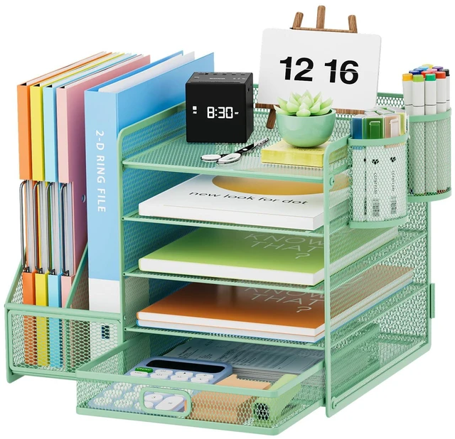 Main image of Desk Organizer with File Holder, 5-Tier Paper Letter Tray Organizer with Drawer and 2 Pen Holder, Mesh Desktop Organizer and Storage with Magazine Holder for Office Supplies (Green)