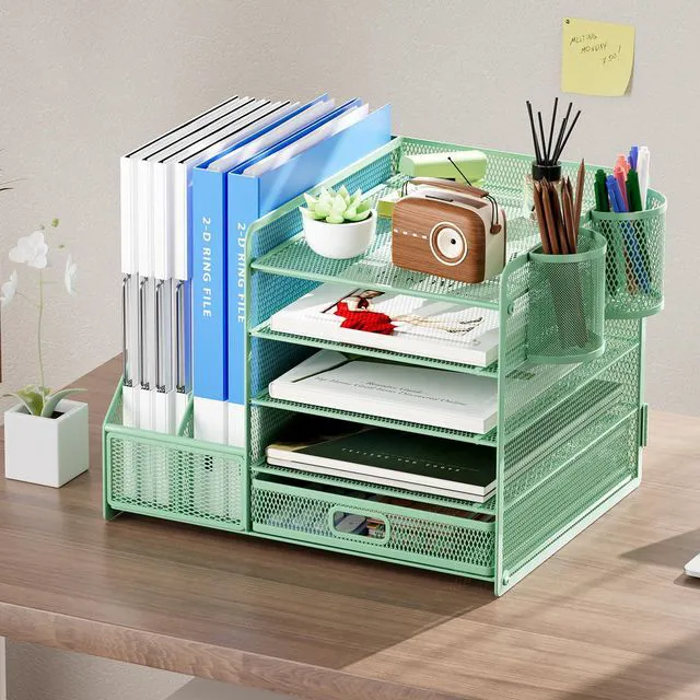 Alt view image 3 of 6 - Desk Organizer with File Holder, 5-Tier Paper Letter Tray Organizer with Drawer and 2 Pen Holder, Mesh Desktop Organizer and Storage with Magazine Holder for Office Supplies (Green)