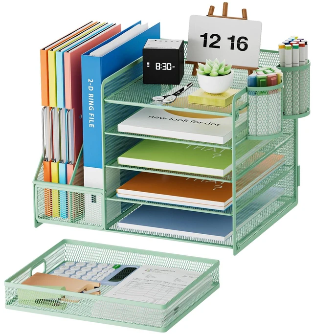Alt view image 2 of 6 - Desk Organizer with File Holder, 5-Tier Paper Letter Tray Organizer with Drawer and 2 Pen Holder, Mesh Desktop Organizer and Storage with Magazine Holder for Office Supplies (Green)