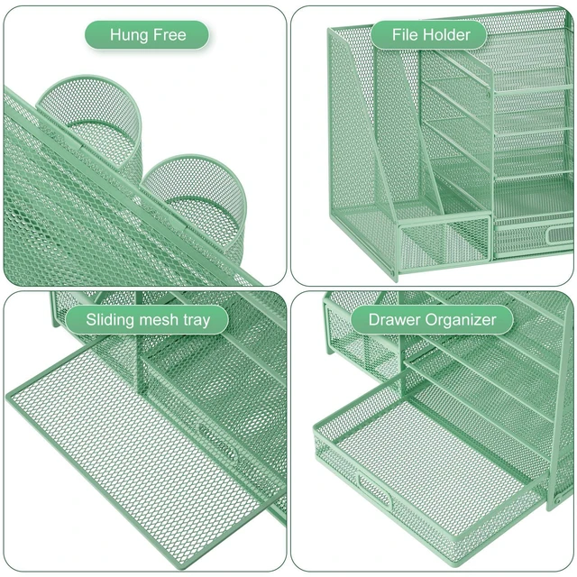 Alt view image 4 of 6 - Desk Organizer with File Holder, 5-Tier Paper Letter Tray Organizer with Drawer and 2 Pen Holder, Mesh Desktop Organizer and Storage with Magazine Holder for Office Supplies (Green)