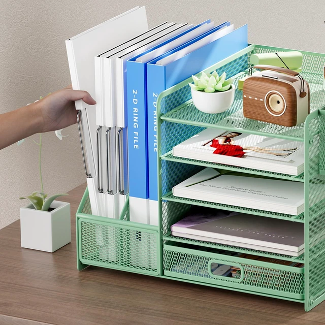Alt view image 5 of 6 - Desk Organizer with File Holder, 5-Tier Paper Letter Tray Organizer with Drawer and 2 Pen Holder, Mesh Desktop Organizer and Storage with Magazine Holder for Office Supplies (Green)