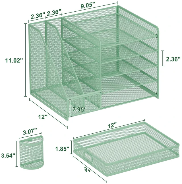 Alt view image 6 of 6 - Desk Organizer with File Holder, 5-Tier Paper Letter Tray Organizer with Drawer and 2 Pen Holder, Mesh Desktop Organizer and Storage with Magazine Holder for Office Supplies (Green)
