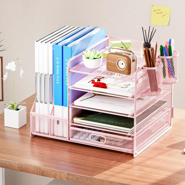 Alt view image 3 of 6 - Desk Organizer with File Holder, 5-Tier Paper Letter Tray Organizer with Drawer and 2 Pen Holder, Mesh Desktop Organizer and Storage with Magazine Holder for Office Supplies(Pink)
