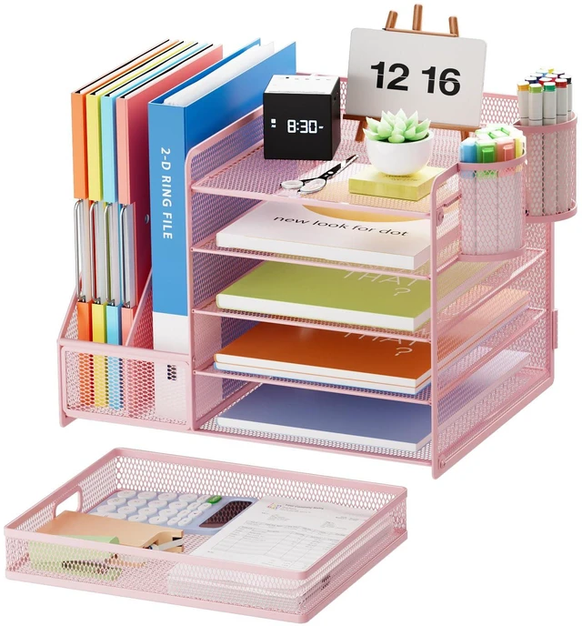Alt view image 2 of 6 - Desk Organizer with File Holder, 5-Tier Paper Letter Tray Organizer with Drawer and 2 Pen Holder, Mesh Desktop Organizer and Storage with Magazine Holder for Office Supplies(Pink)