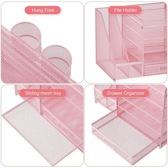 Alt view image 4 of 6 - Desk Organizer with File Holder, 5-Tier Paper Letter Tray Organizer with Drawer and 2 Pen Holder, Mesh Desktop Organizer and Storage with Magazine Holder for Office Supplies(Pink)